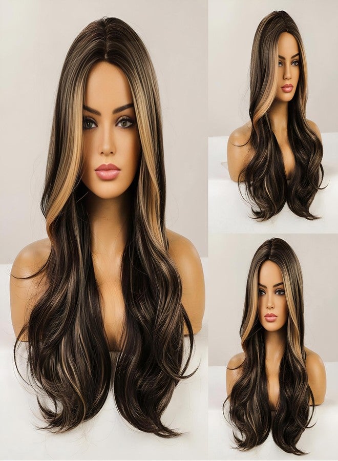 JOUKAYEA Long Wavy Blonde and Brown Wig for White Black Women, Synthetic Beach Loose Body Wave Brunette Wig with Blond Highlight, Realistic Curly Sexy Natural Looking Hispanic Ladies Hair Wigs - Image 2